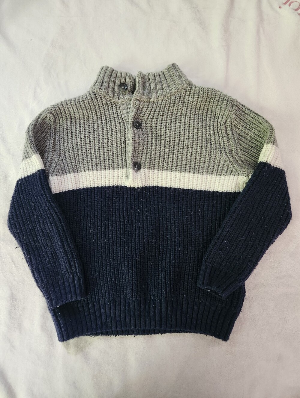 Janie and Jack Gray, White & Navy Rib-Knit Sweater